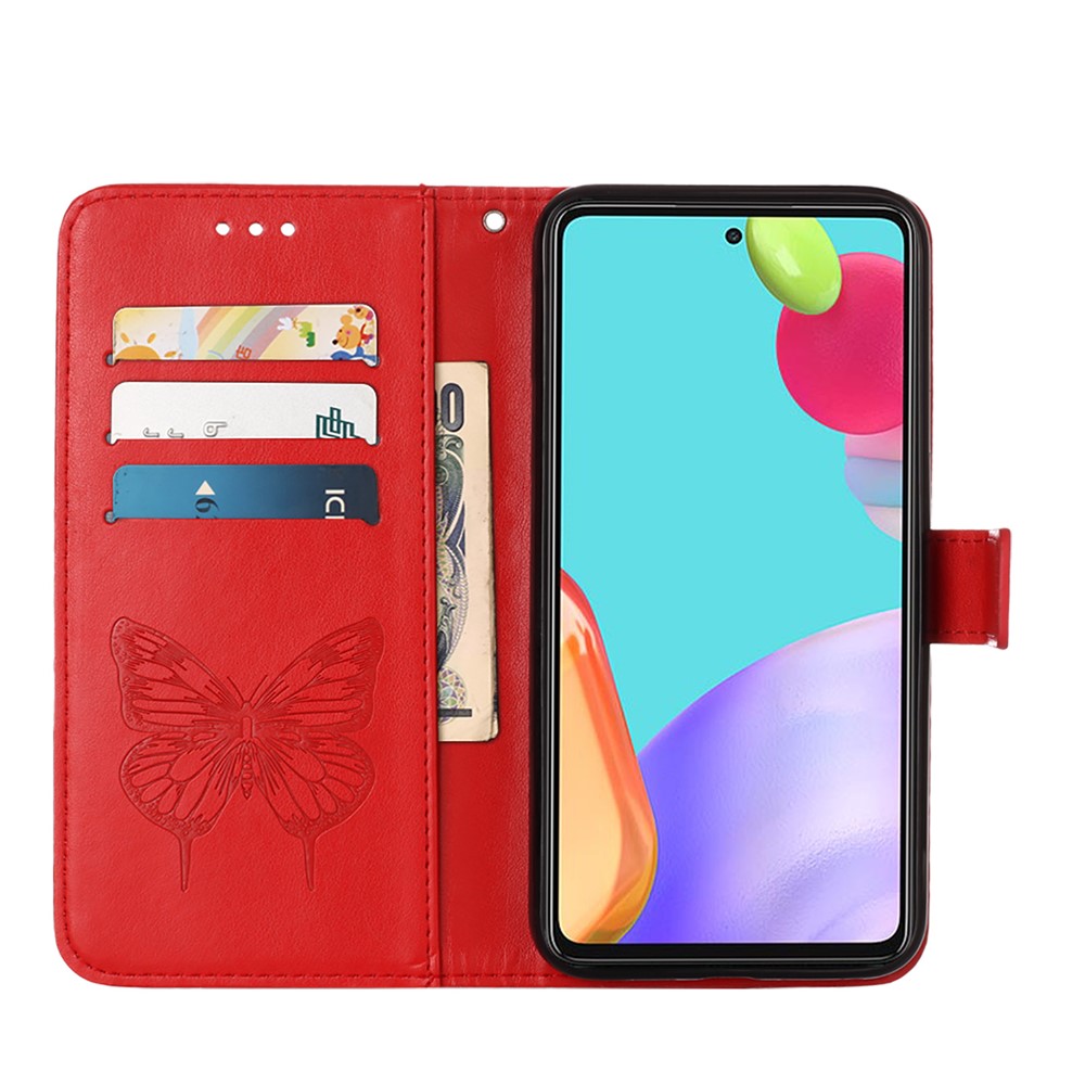 Imprint Butterfly Flower Pattern Wallet Stand Leather Case for Samsung Galaxy A52 5G - Red-6