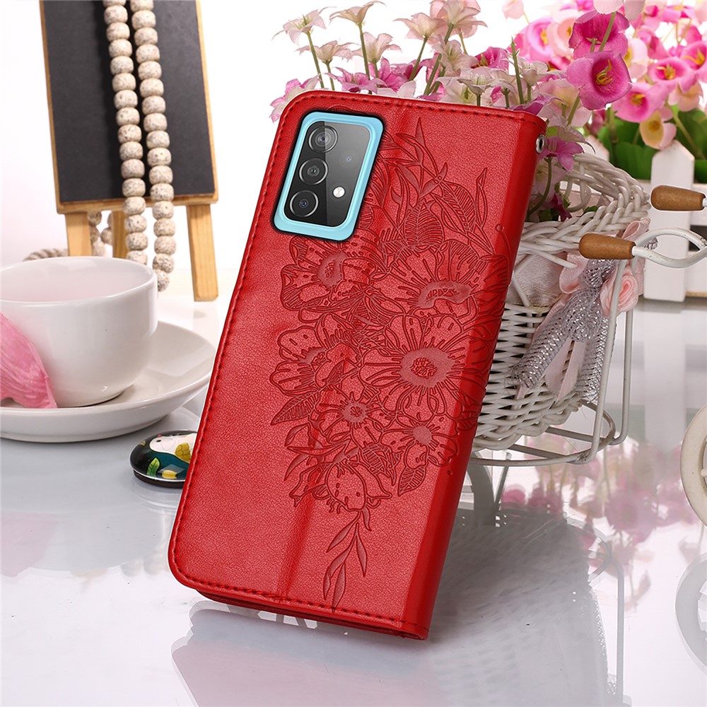 Imprint Butterfly Flower Pattern Wallet Stand Leather Case for Samsung Galaxy A52 5G - Red-8