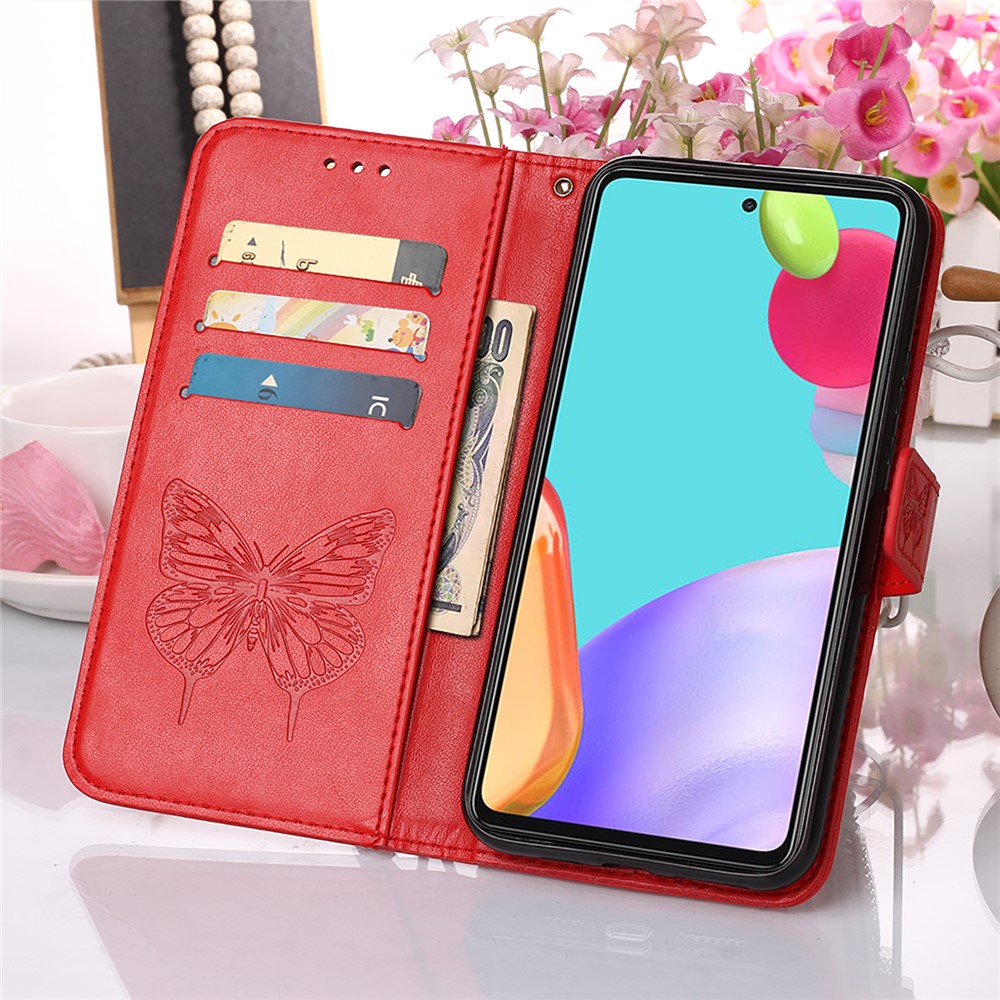 Imprint Butterfly Flower Pattern Wallet Stand Leather Case for Samsung Galaxy A52 5G - Red-9