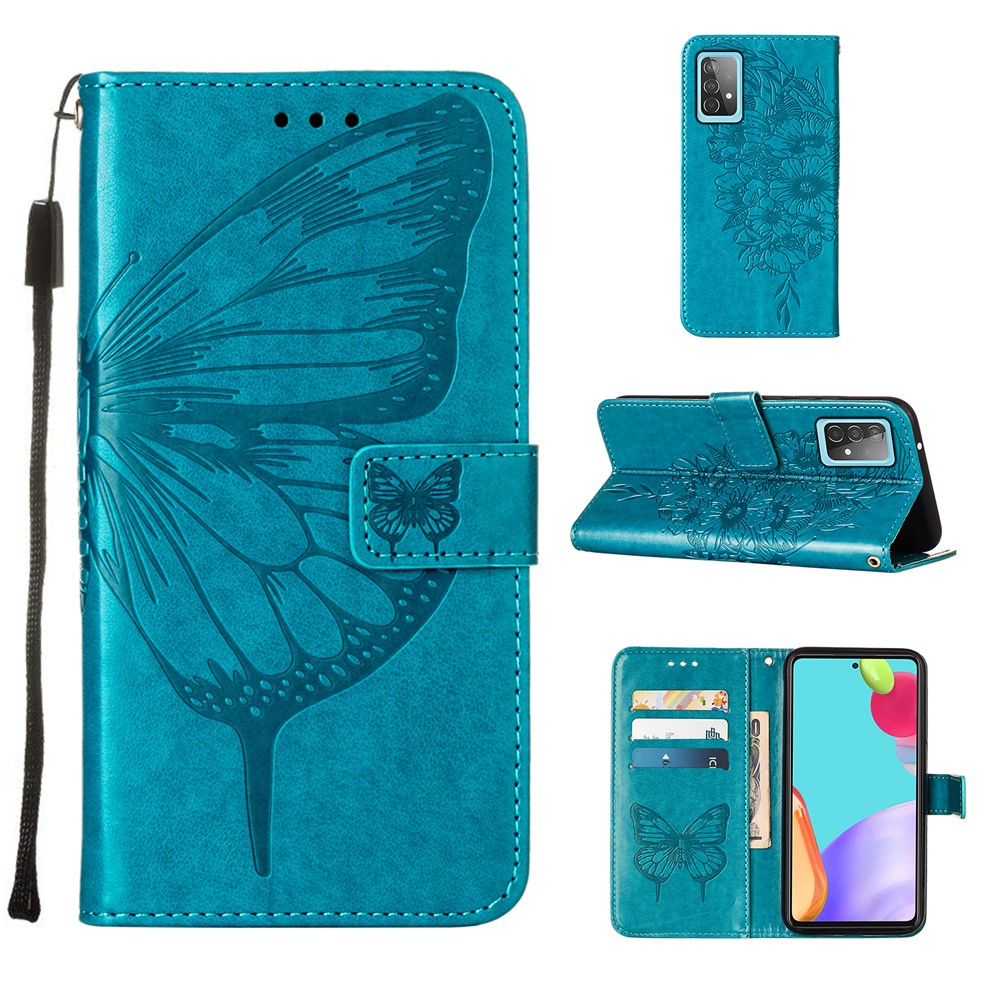Imprint Butterfly Flower Pattern Wallet Stand Leather Case for Samsung Galaxy A52 5G - Blue-1