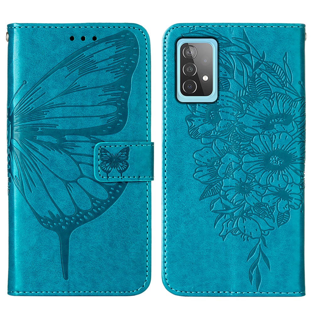 Imprint Butterfly Flower Pattern Sweelt Stand Teather Case Для Samsung Galaxy A52 4G/5G / A52s 5G - Синий-3