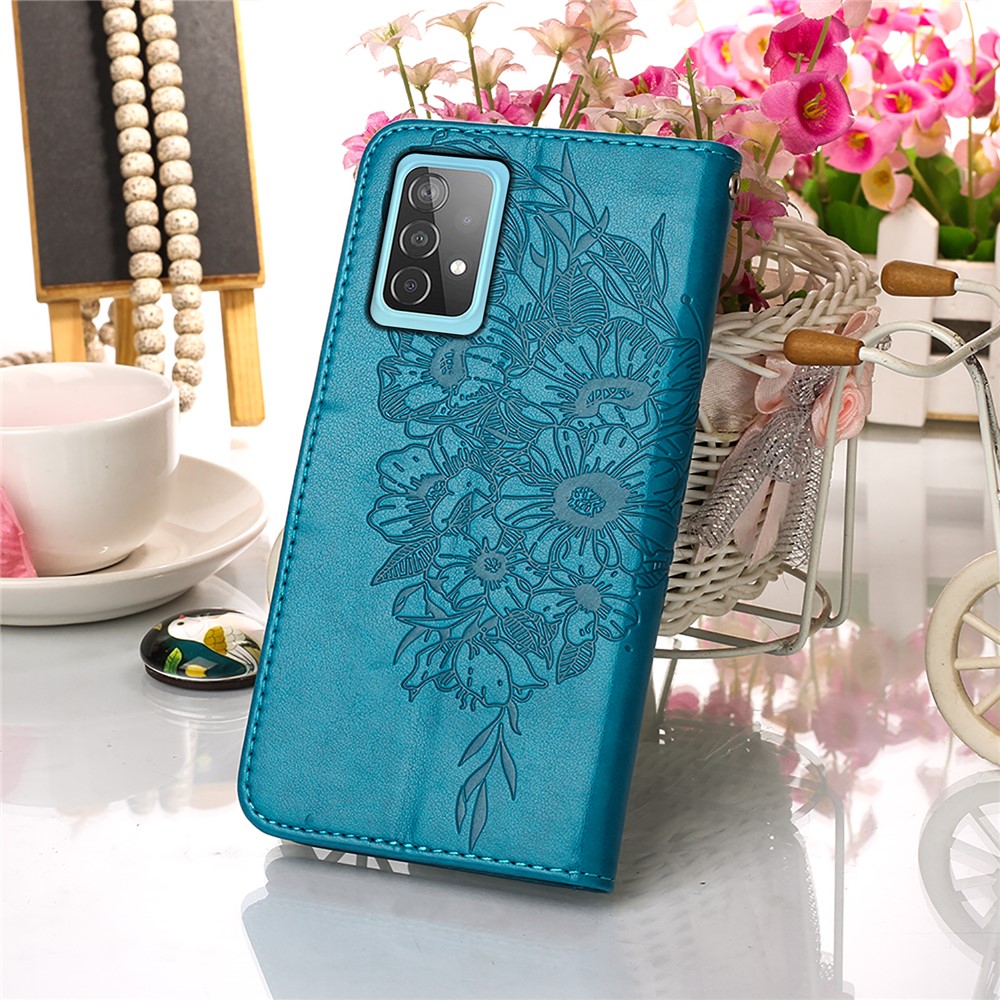 Imprint Butterfly Flower Pattern Wallet Stand Leather Case for Samsung Galaxy A52 5G - Blue-8
