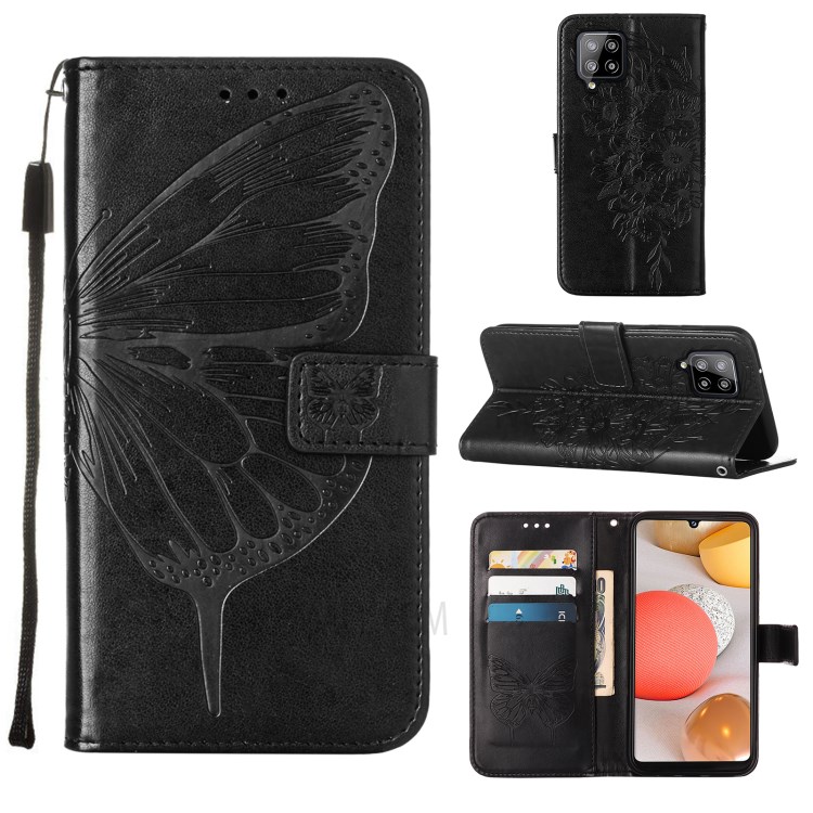 Imprint Butterfly Flower Pattern Wallet Stand Leather Case for Samsung Galaxy A42 5G - Black-1