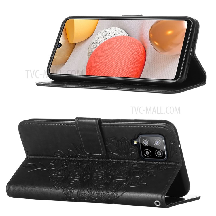 Imprint Butterfly Flower Pattern Wallet Stand Leather Case for Samsung Galaxy A42 5G - Black-4