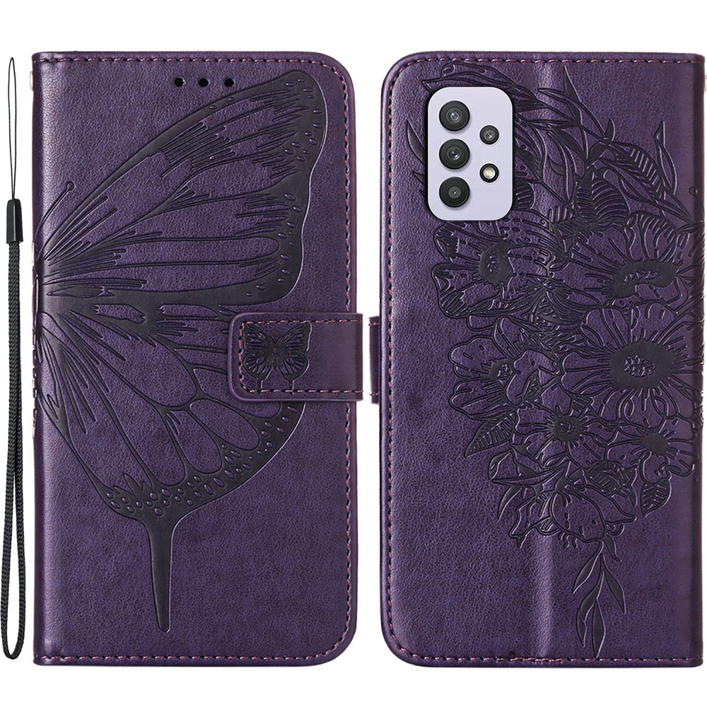 Imprint Butterfly Flower Pattern Wallet Stand Leather Case for Samsung Galaxy A32 - Dark Purple-1