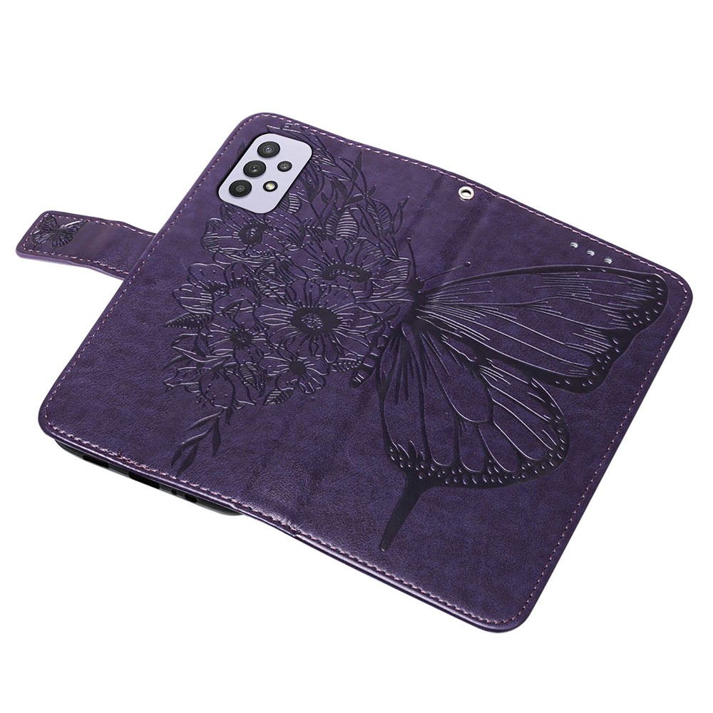 Imprint Butterfly Flower Pattern Wallet Stand Leather Case for Samsung Galaxy A32 - Dark Purple-10