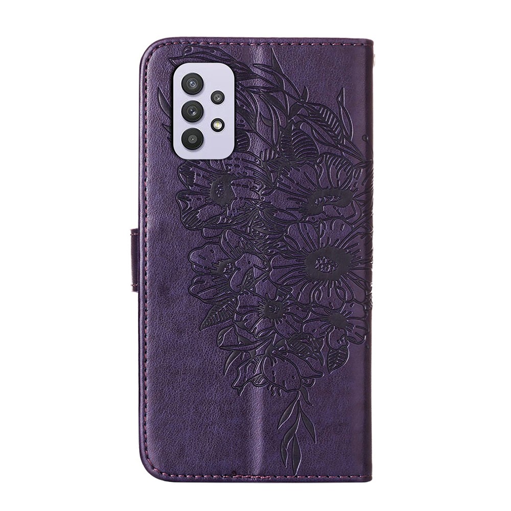Imprint Butterfly Flower Pattern Wallet Stand Leather Case for Samsung Galaxy A32 - Dark Purple-3