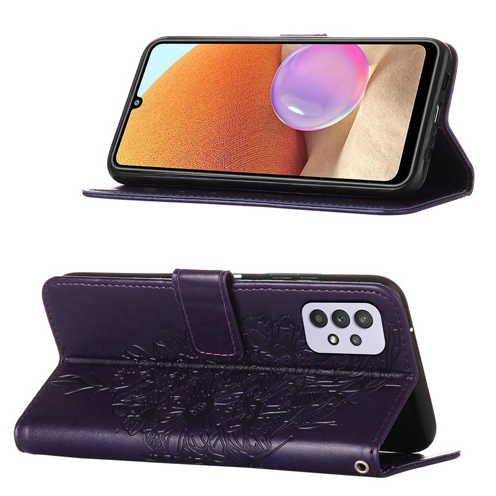 Imprint Butterfly Flower Pattern Wallet Stand Leather Case for Samsung Galaxy A32 - Dark Purple-4