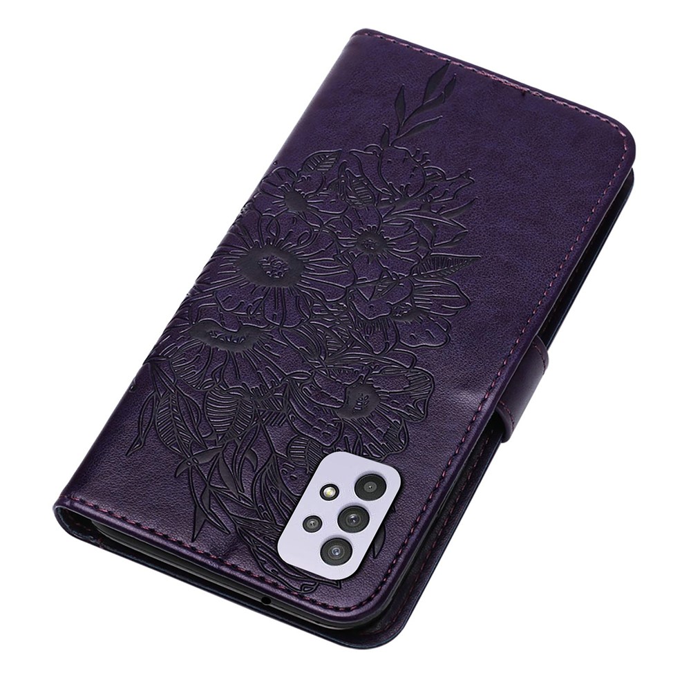 Imprint Butterfly Flower Pattern Wallet Stand Leather Case for Samsung Galaxy A32 - Dark Purple-5