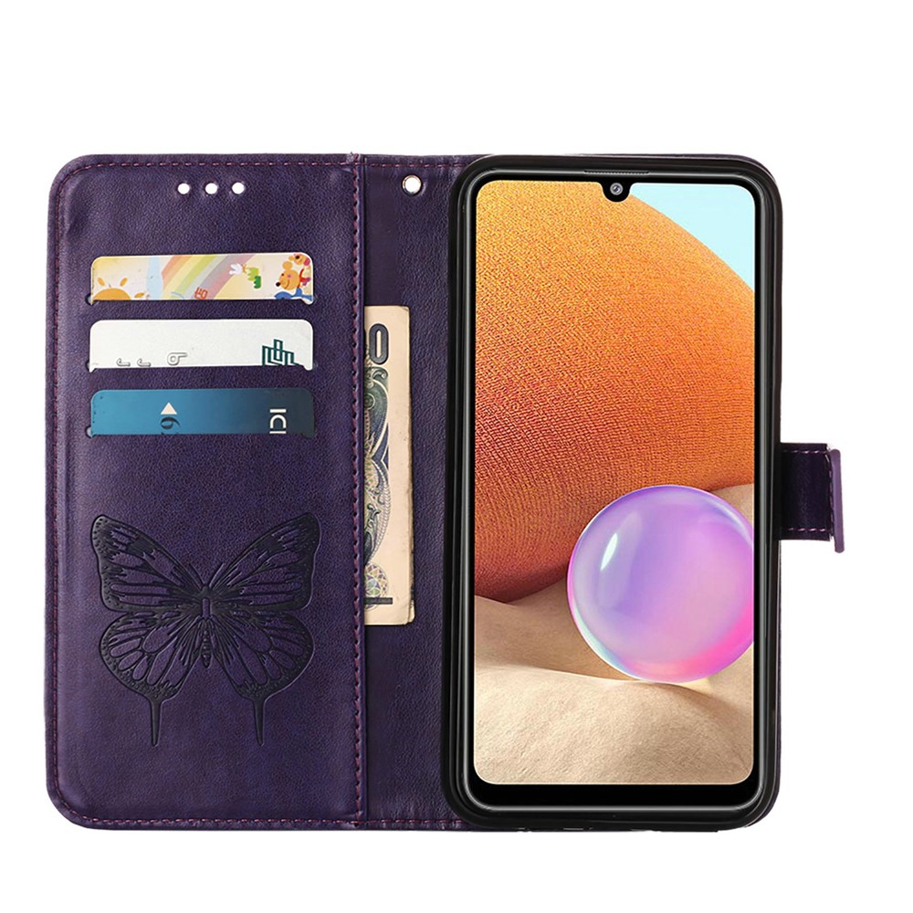 Imprint Butterfly Flower Pattern Wallet Stand Leather Case for Samsung Galaxy A32 - Dark Purple-6