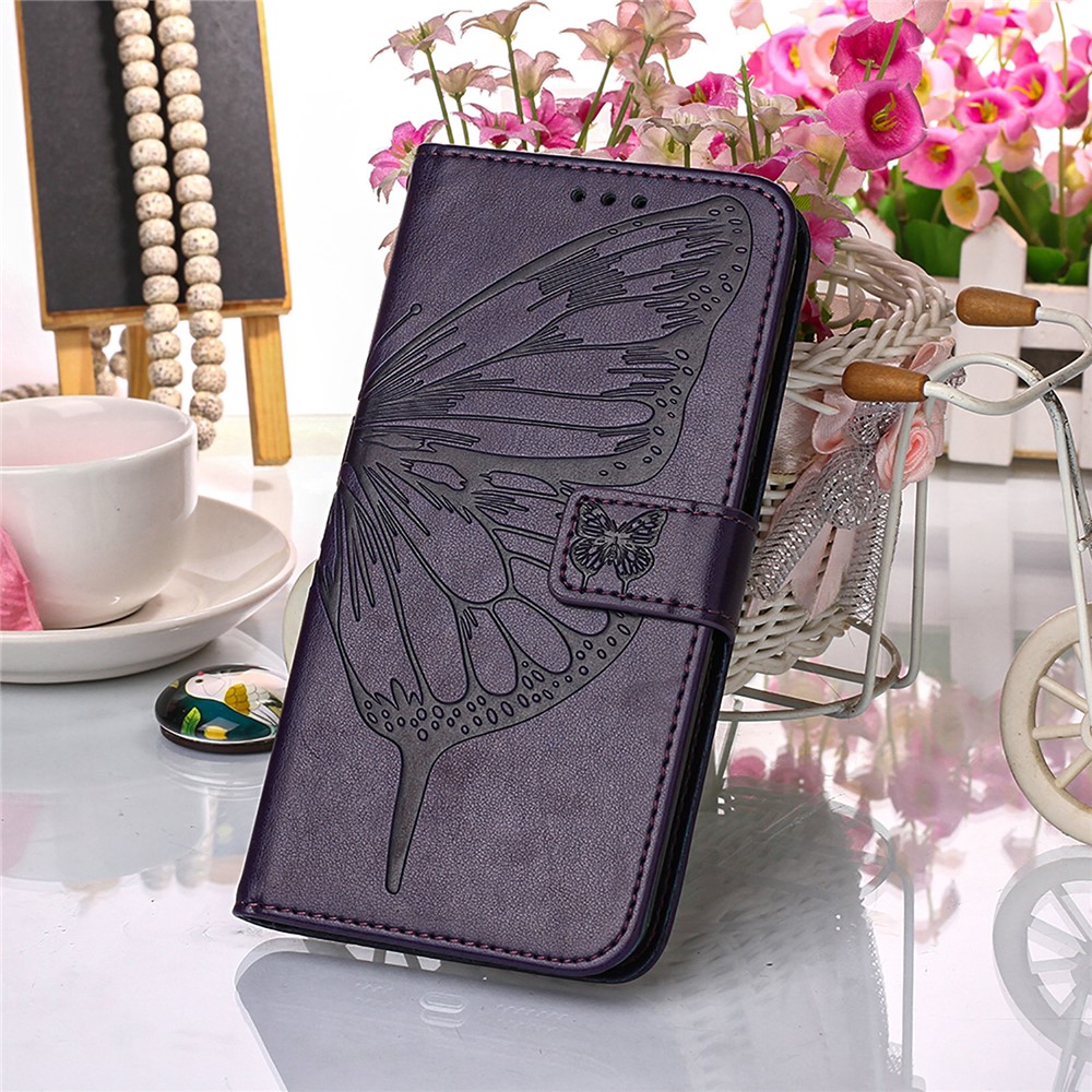 Imprint Butterfly Flower Pattern Wallet Stand Leather Case for Samsung Galaxy A32 - Dark Purple-7