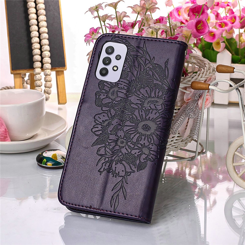 Imprint Butterfly Flower Pattern Wallet Stand Leather Case for Samsung Galaxy A32 - Dark Purple-8
