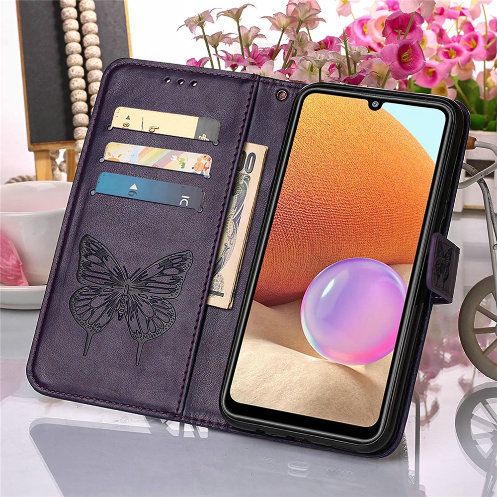 Imprint Butterfly Flower Pattern Wallet Stand Leather Case for Samsung Galaxy A32 - Dark Purple-9