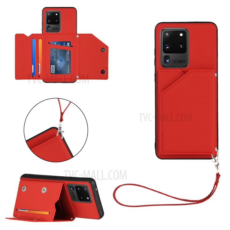 Stand Card Holder Rubberized Leather Skin TPU Phone Case for Samsung Galaxy S20 Ultra - Red-1