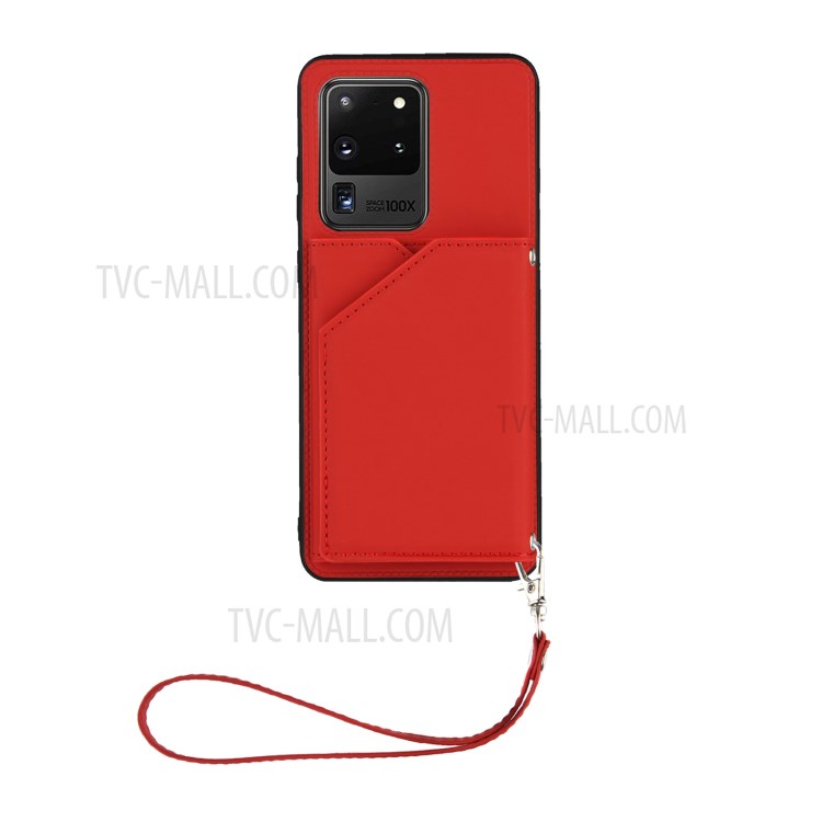 Stand Card Holder Rubberized Leather Skin TPU Phone Case for Samsung Galaxy S20 Ultra - Red-2