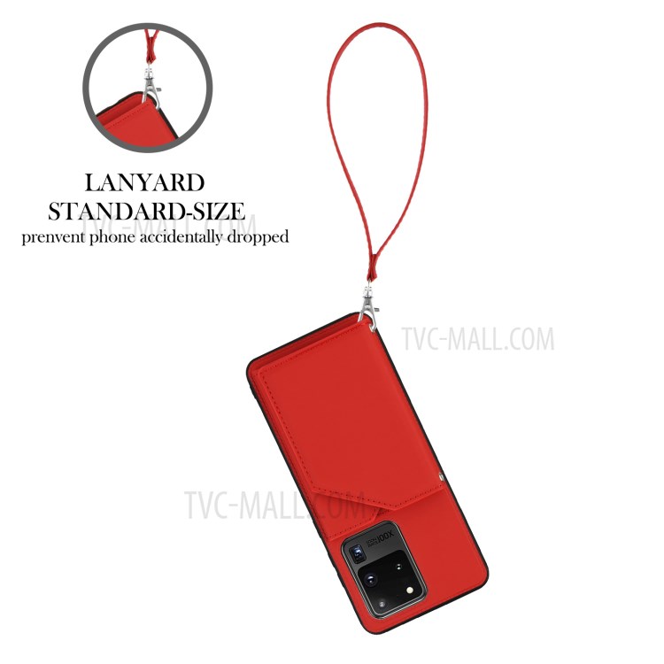 Stand Card Holder Rubberized Leather Skin TPU Phone Case for Samsung Galaxy S20 Ultra - Red-3