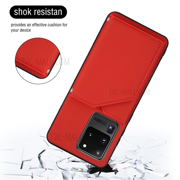 Stand Card Holder Rubberized Leather Skin TPU Phone Case for Samsung Galaxy S20 Ultra - Red-4