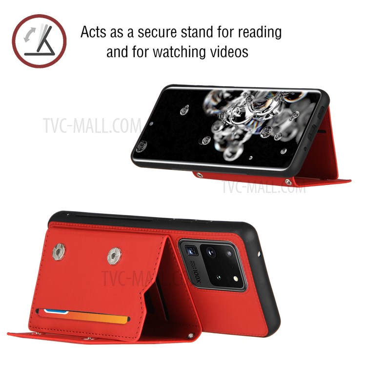 Stand Card Holder Rubberized Leather Skin TPU Phone Case for Samsung Galaxy S20 Ultra - Red-5