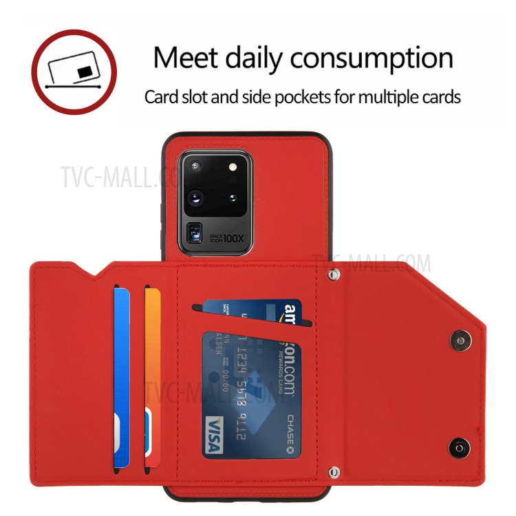 Stand Card Holder Rubberized Leather Skin TPU Phone Case for Samsung Galaxy S20 Ultra - Red-6
