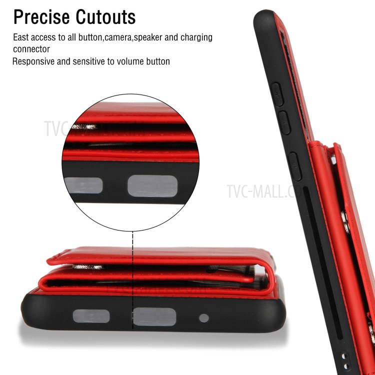 Stand Card Holder Rubberized Leather Skin TPU Phone Case for Samsung Galaxy S20 Ultra - Red-7