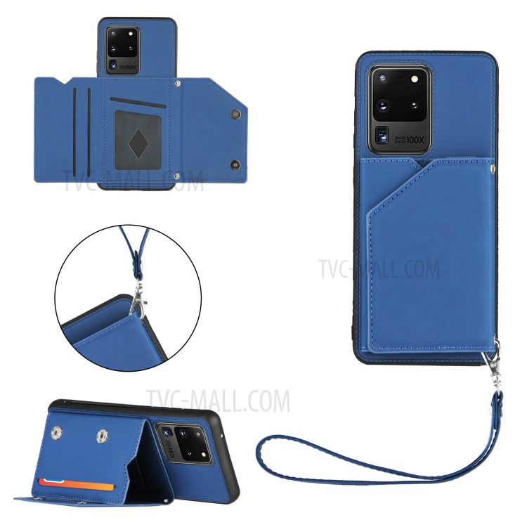 Stand Card Holder Rubberized Leather Skin TPU Phone Case for Samsung Galaxy S20 Ultra - Blue-1