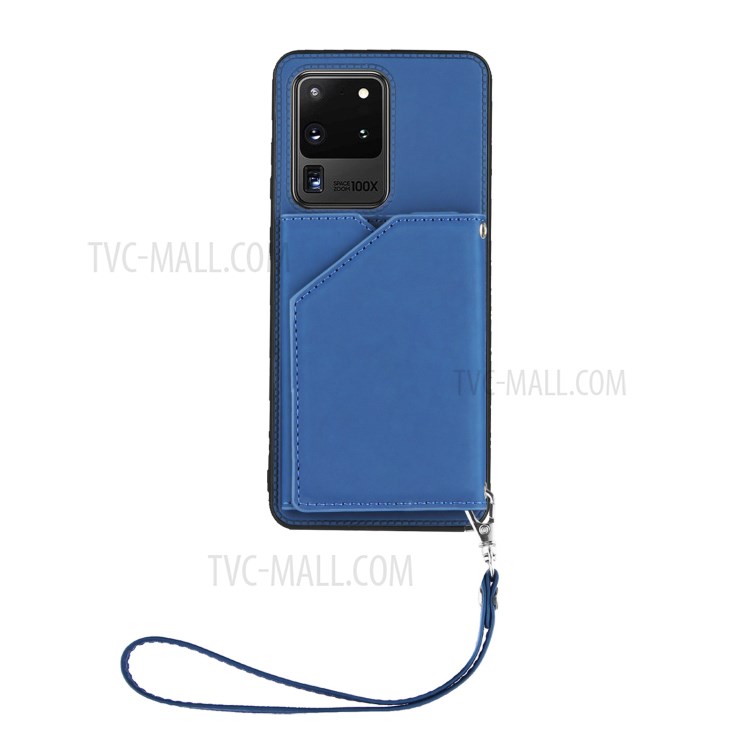 Stand Card Holder Rubberized Leather Skin TPU Phone Case for Samsung Galaxy S20 Ultra - Blue-2