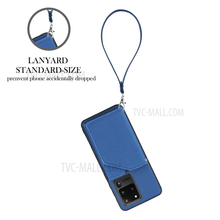 Stand Card Holder Rubberized Leather Skin TPU Phone Case for Samsung Galaxy S20 Ultra - Blue-3