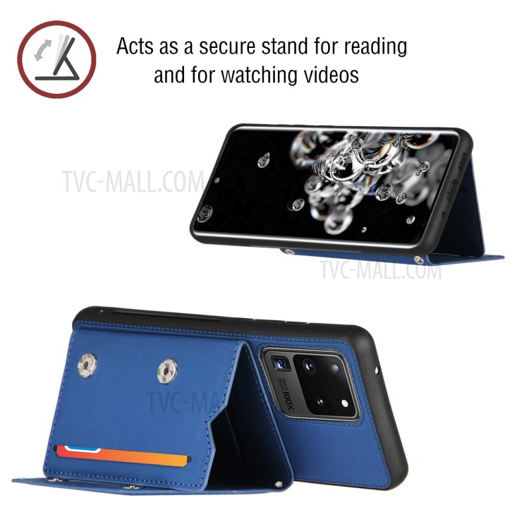 Stand Card Holder Rubberized Leather Skin TPU Phone Case for Samsung Galaxy S20 Ultra - Blue-4