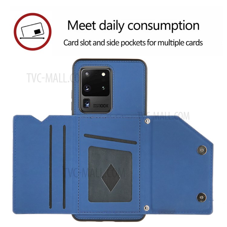 Stand Card Holder Rubberized Leather Skin TPU Phone Case for Samsung Galaxy S20 Ultra - Blue-5