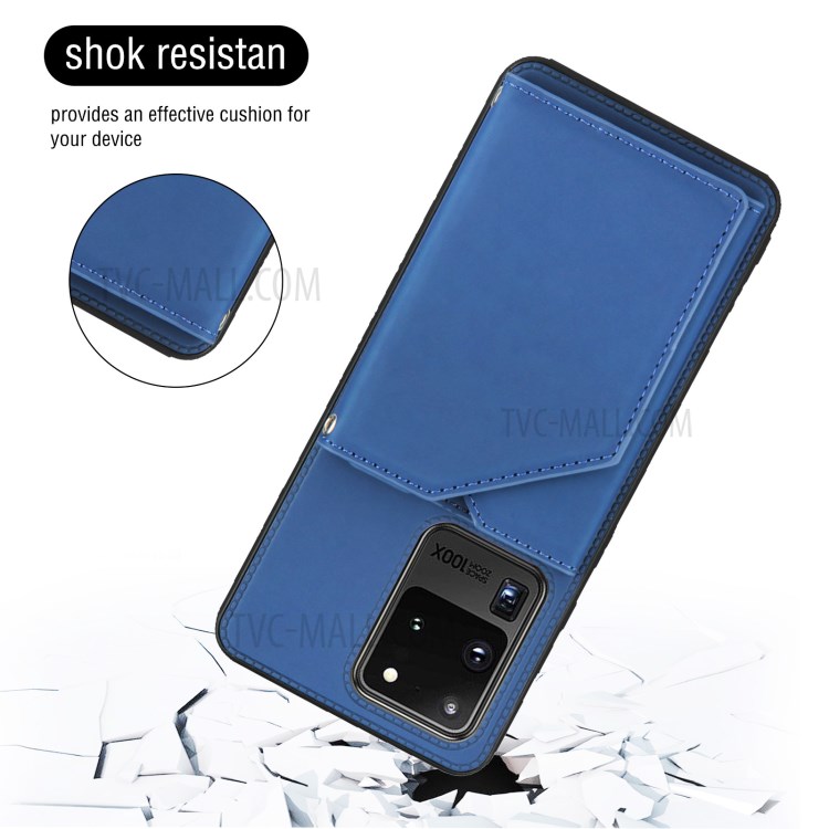 Stand Card Holder Rubberized Leather Skin TPU Phone Case for Samsung Galaxy S20 Ultra - Blue-6