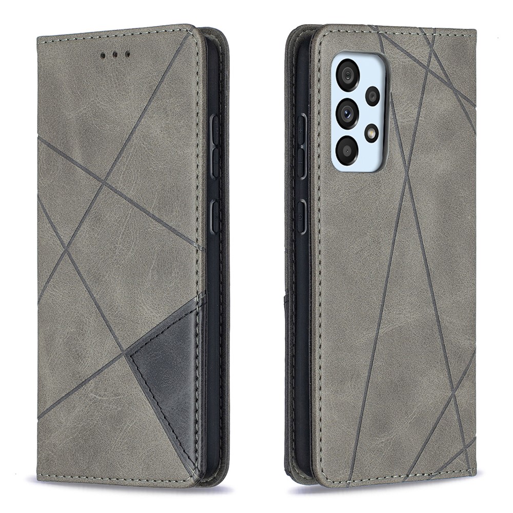 For Samsung Galaxy A52 5G Geometric Pattern Leather Stand Case Card Holder Shell - Grey-1