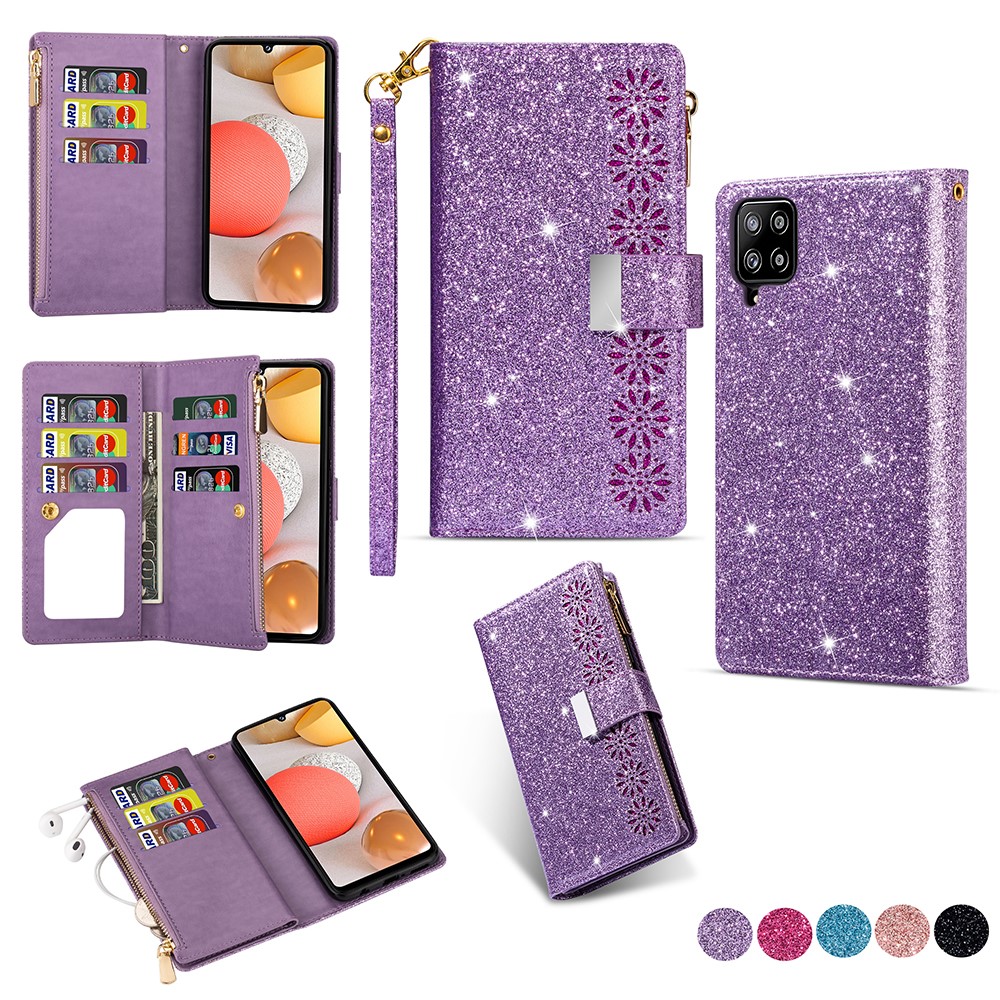 Glittery Starry Style Laser Carving Zipper Wallet Leather Case for Samsung Galaxy A12 - Purple-1
