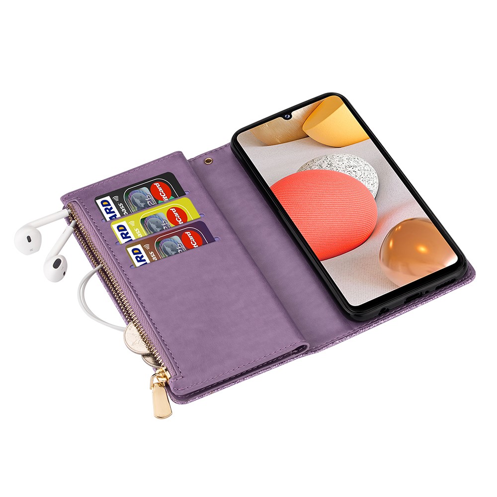 Glittery Starry Style Laser Carving Zipper Wallet Leather Case for Samsung Galaxy A12 - Purple-4