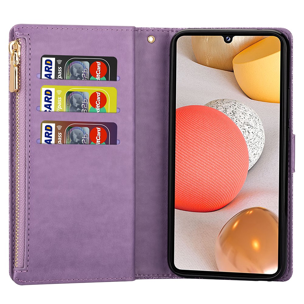 Glittery Starry Style Laser Carving Zipper Wallet Leather Case for Samsung Galaxy A12 - Purple-5