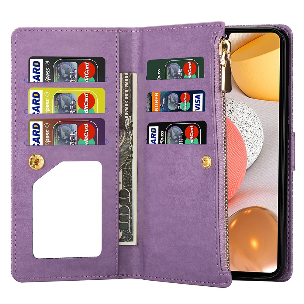Glittery Starry Style Laser Carving Zipper Wallet Leather Case for Samsung Galaxy A12 - Purple-6