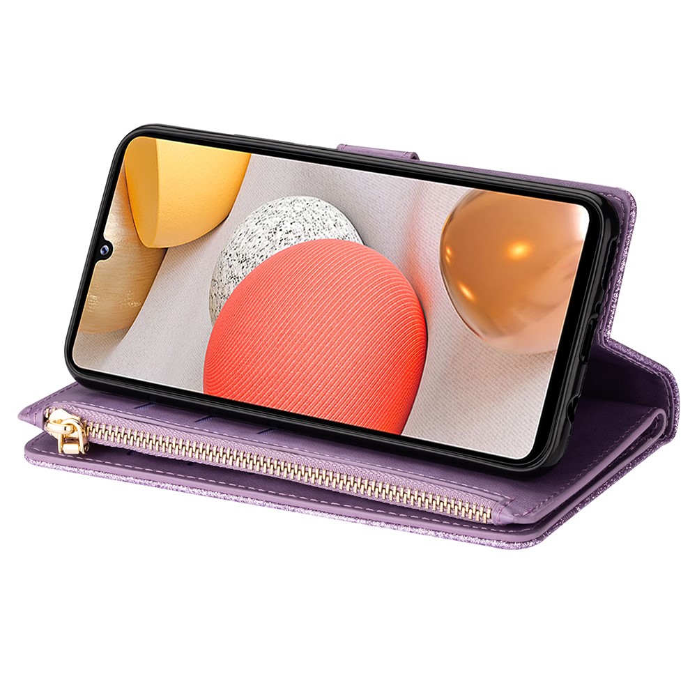Glittery Starry Style Laser Carving Zipper Wallet Leather Case for Samsung Galaxy A12 - Purple-7