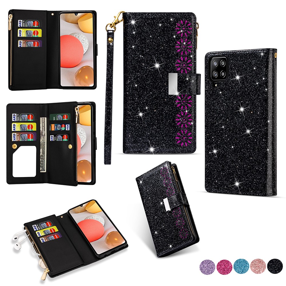 Glittery Starry Style Laser Carving Zipper Leather Smartphone Case for Samsung Galaxy A42 5G - Black-1