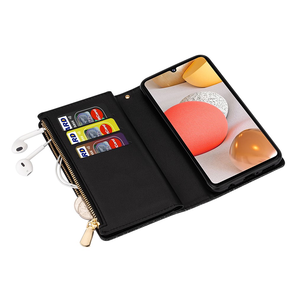 Glittery Starry Style Laser Carving Zipper Leather Smartphone Case for Samsung Galaxy A42 5G - Black-3