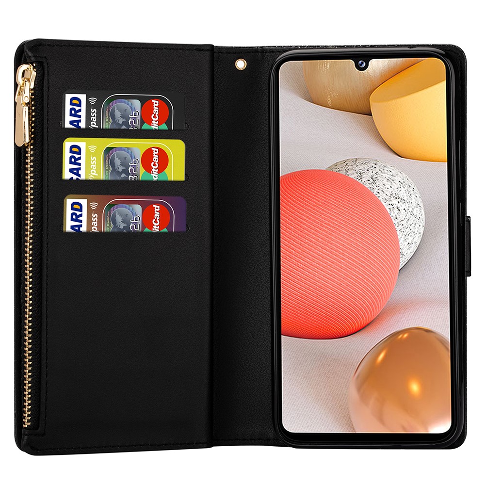 Glittery Starry Style Laser Carving Zipper Leather Smartphone Case for Samsung Galaxy A42 5G - Black-4