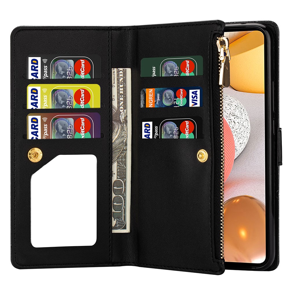 Glittery Starry Style Laser Carving Zipper Leather Smartphone Case for Samsung Galaxy A42 5G - Black-5
