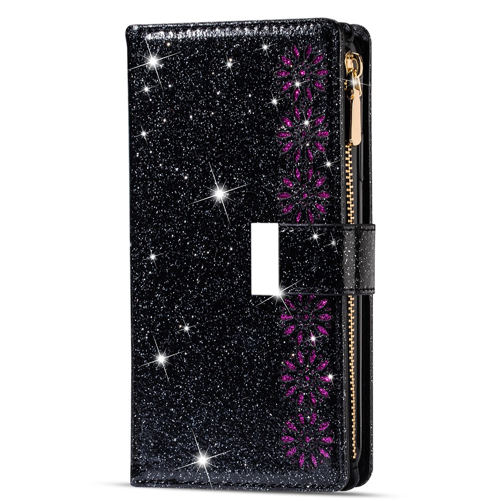 Glittery Starry Style Laser Carving Zipper Leather Smartphone Case for Samsung Galaxy A42 5G - Black-8