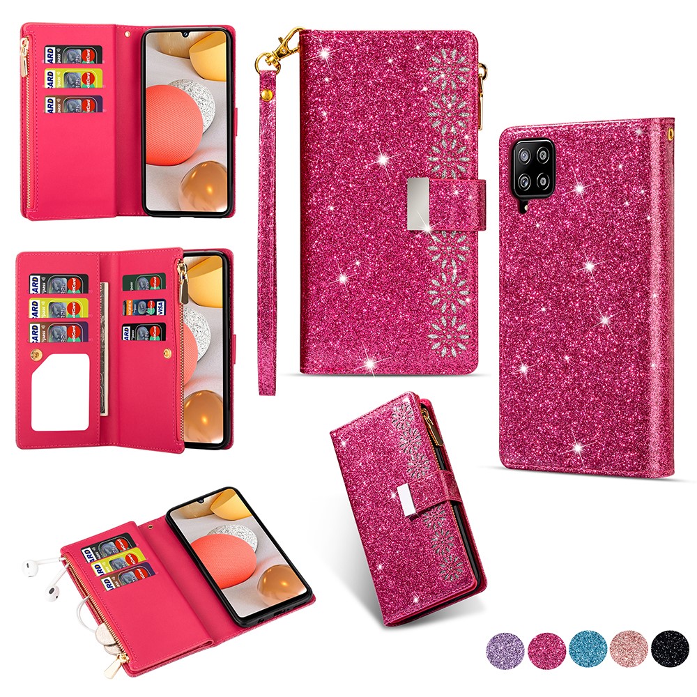 Glittery Starry Style Laser Carving Zipper Leather Smartphone Case for Samsung Galaxy A42 5G - Rose-1