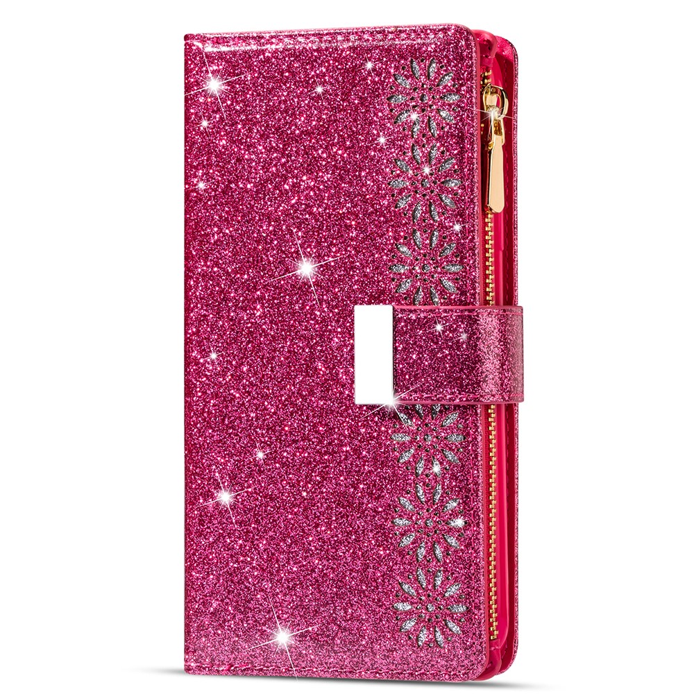 Glittery Starry Style Laser Carving Zipper Leather Smartphone Case for Samsung Galaxy A42 5G - Rose-2