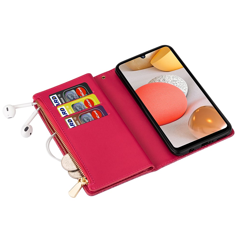 Glittery Starry Style Laser Carving Zipper Leather Smartphone Case for Samsung Galaxy A42 5G - Rose-4