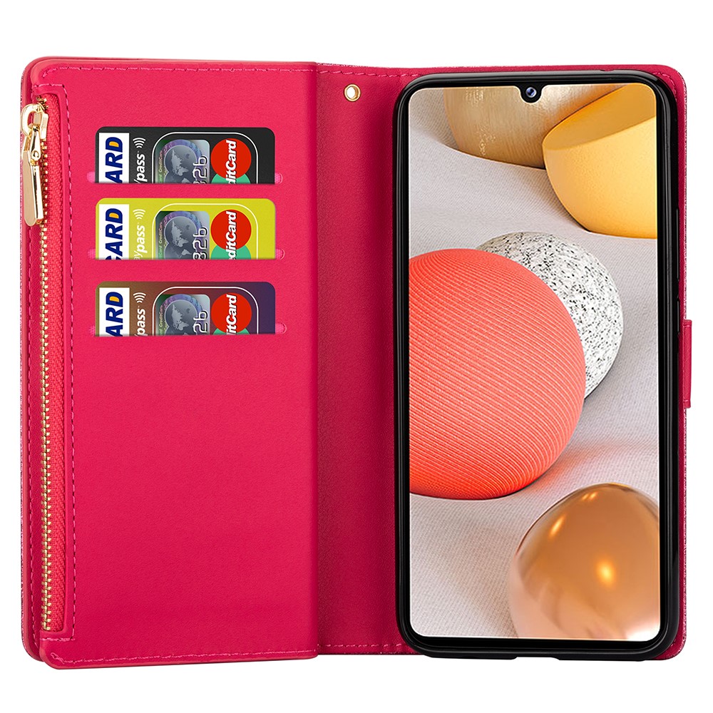 Glittery Starry Style Laser Carving Zipper Leather Smartphone Case for Samsung Galaxy A42 5G - Rose-5