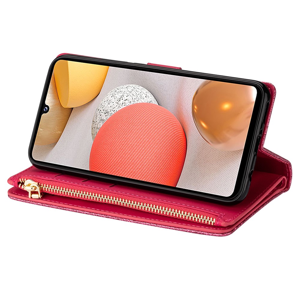 Glittery Starry Style Laser Carving Zipper Leather Smartphone Case for Samsung Galaxy A42 5G - Rose-7