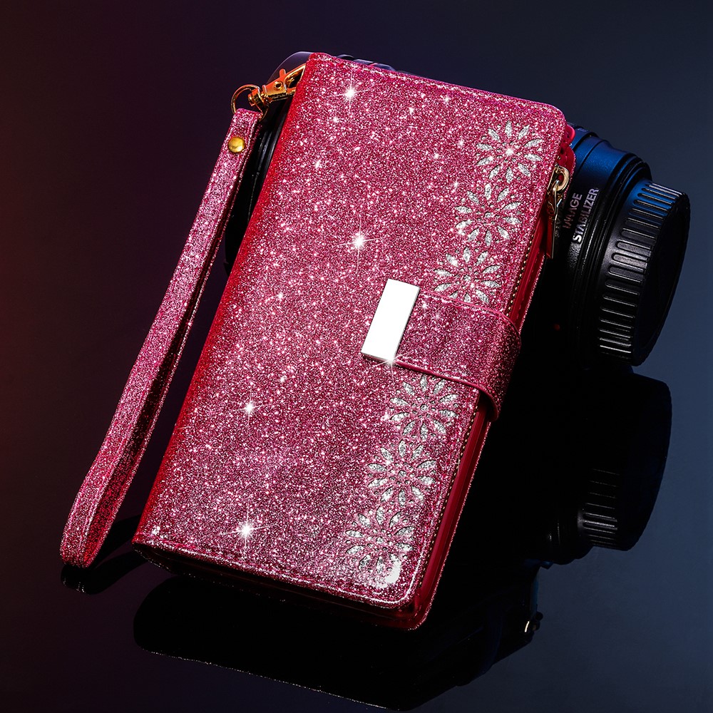 Glittery Starry Style Laser Carving Zipper Leather Smartphone Case for Samsung Galaxy A42 5G - Rose-9