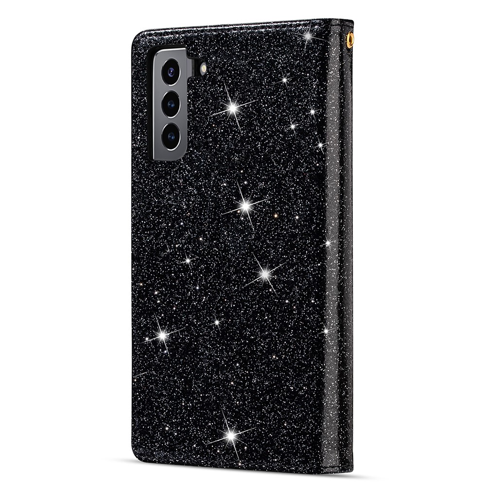 Glittery Starry Style Laser Carving Leather Stand Cover with Lanyard for Samsung Galaxy S21+5G - Black-3