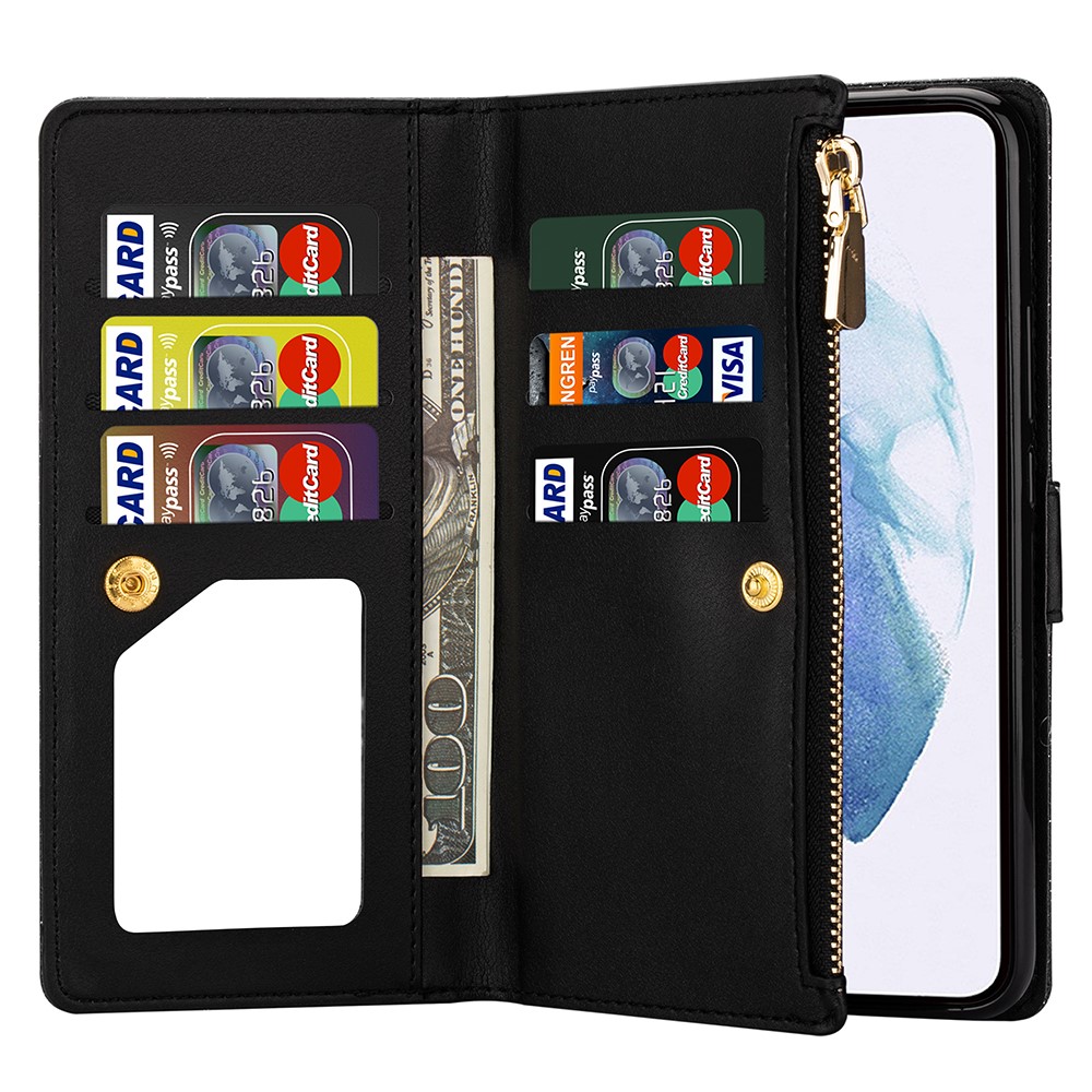 Glittery Starry Style Laser Carving Leather Stand Cover with Lanyard for Samsung Galaxy S21+5G - Black-6