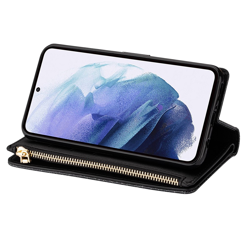 Glittery Starry Style Laser Carving Leather Stand Cover with Lanyard for Samsung Galaxy S21+5G - Black-7